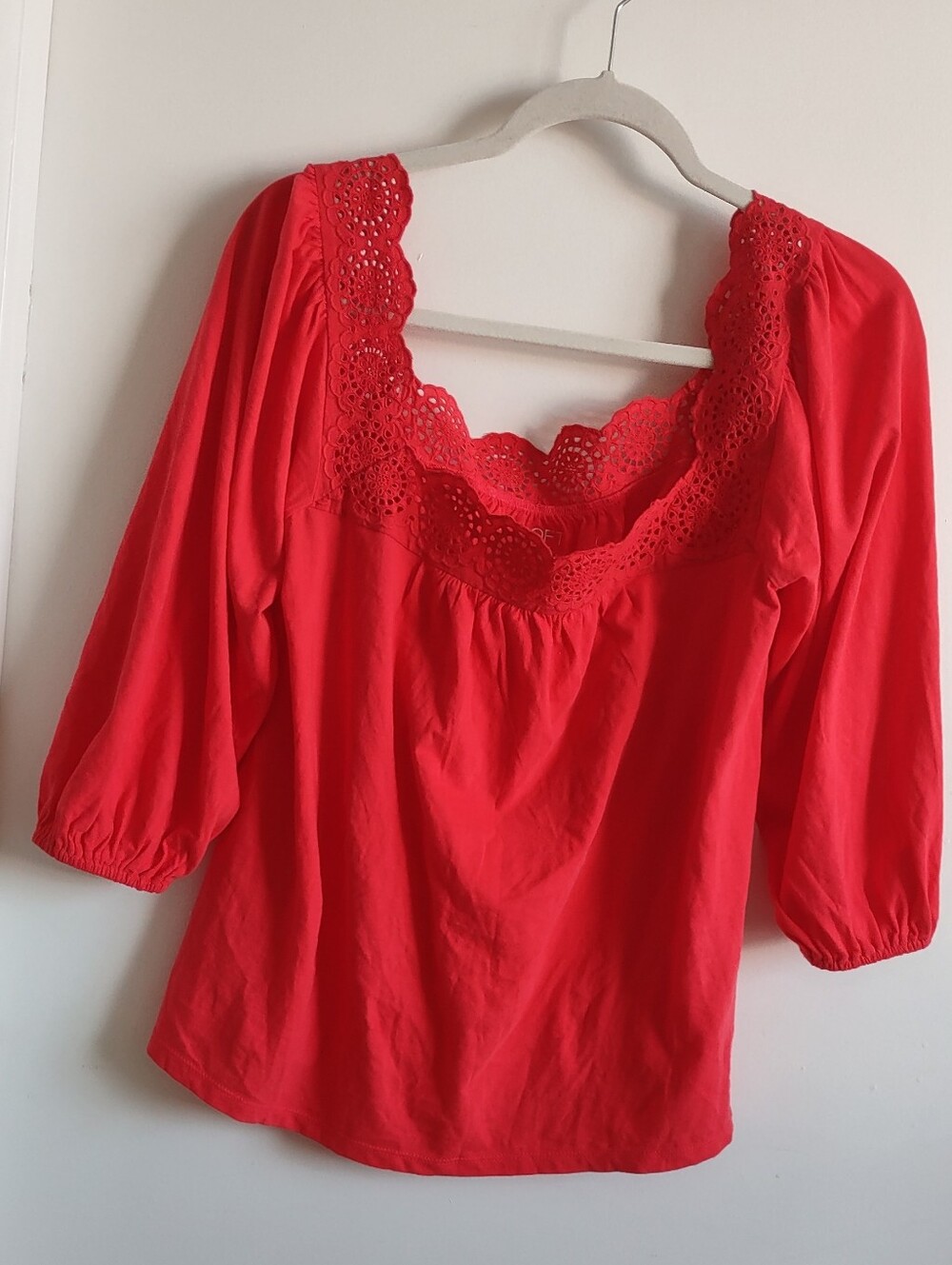 LOFT Red Eyelet Square-Neck Blouse